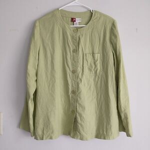 JM Collection Button Up Shirt Top Tunic 12 Lime Green 100% Linen Long Sleeve
